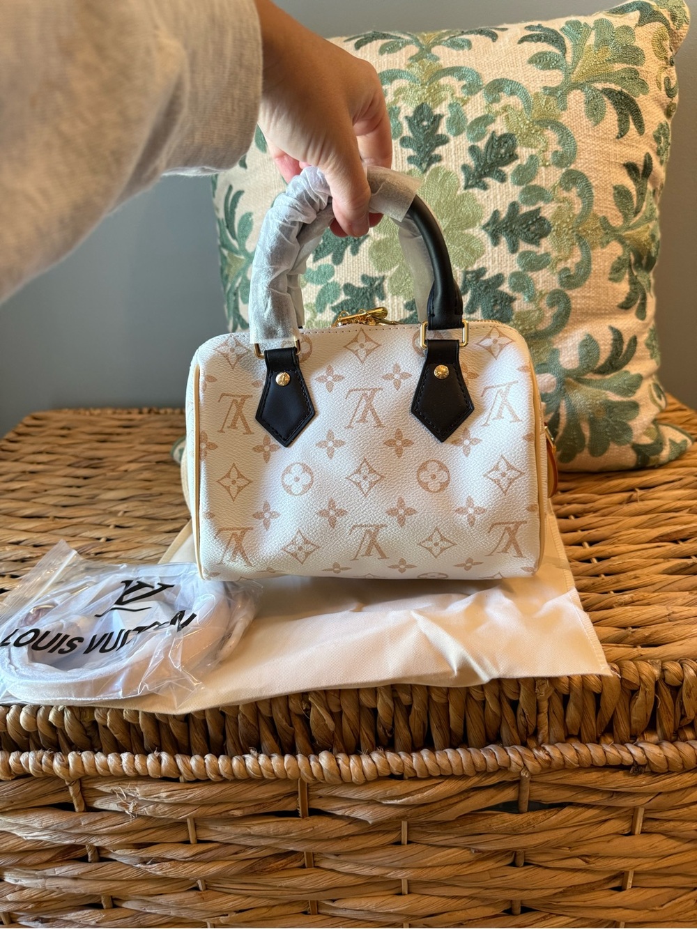 L V Cream Monogram Speedy 20 with Black Handles
